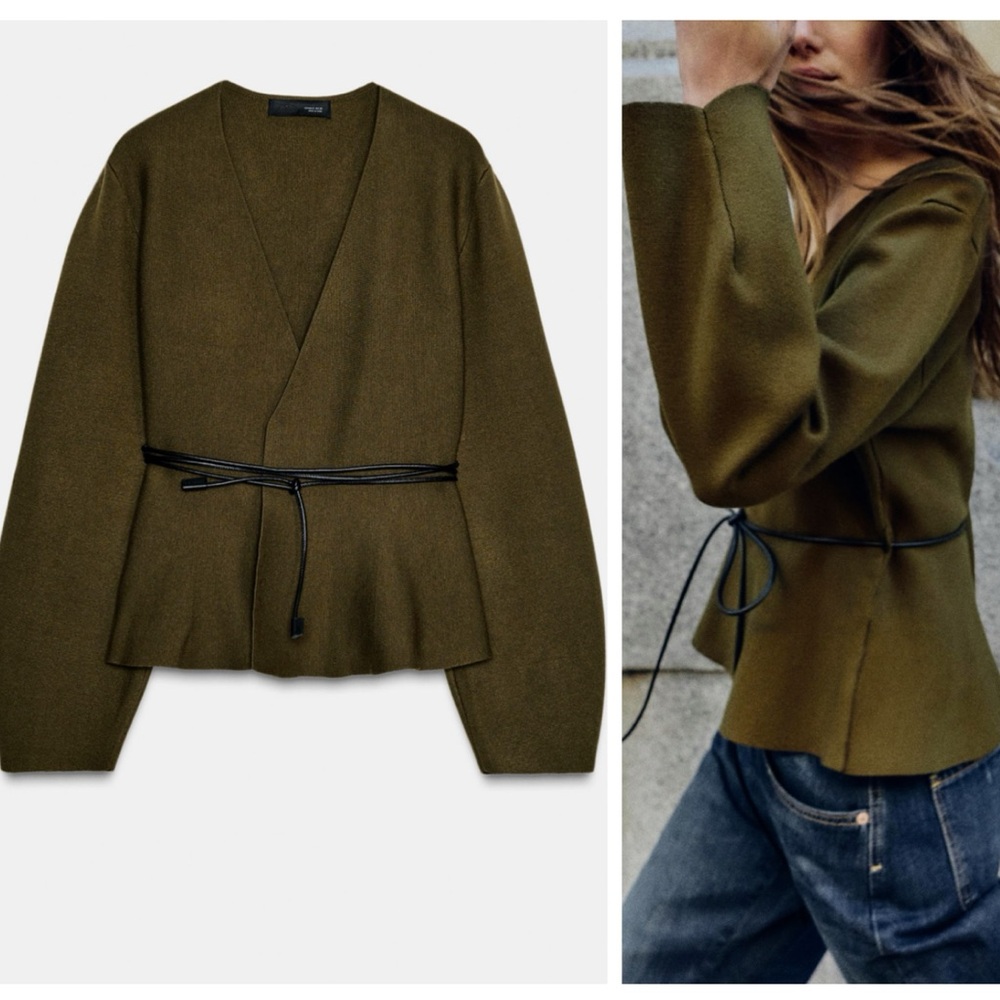 Zara Olive Green Wrap Cardigan with Black Tie Belt